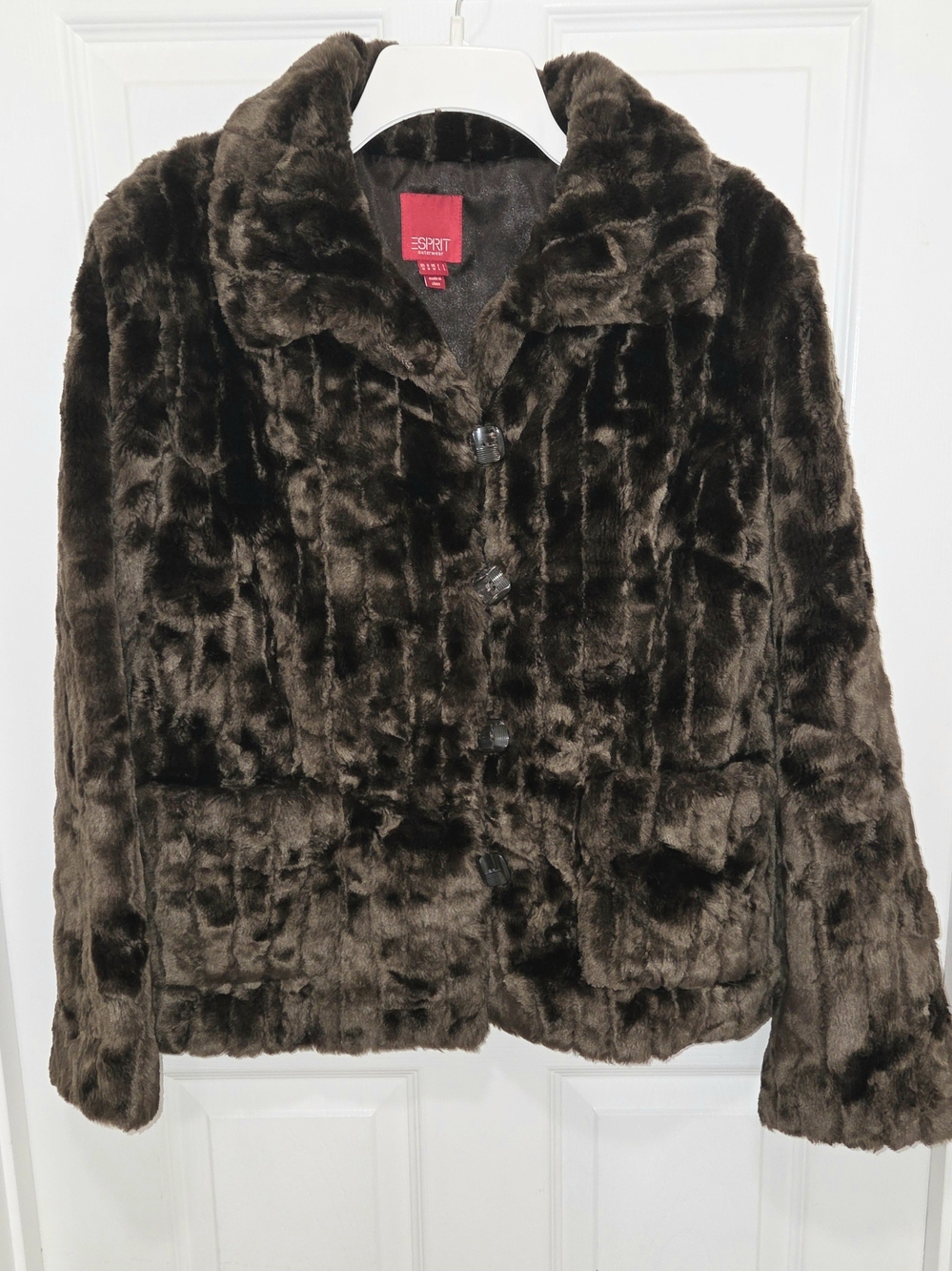 Brown Esprit Faux-Fur Button-Front Coat Block-pattern Classic Collar Size M